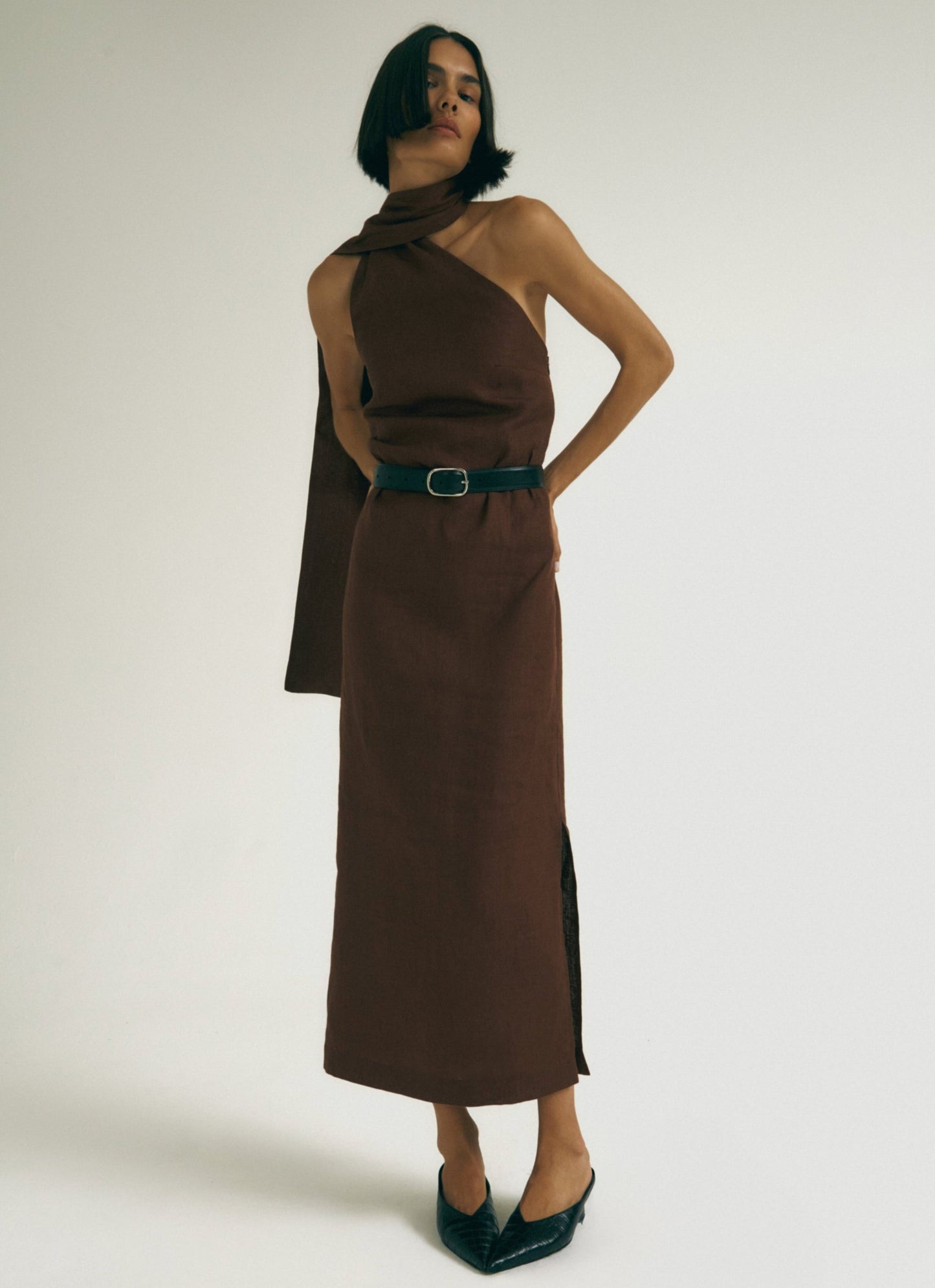 Vestido Cachecol Marrom- 100% Linho