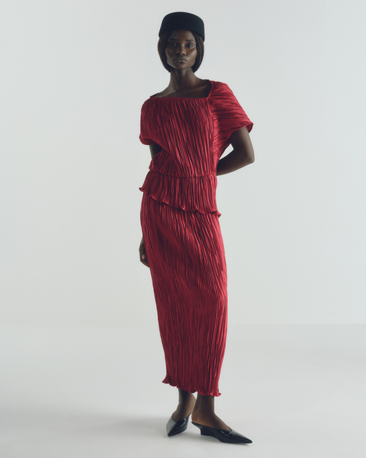 Vestido Escultural Plissado Vinho