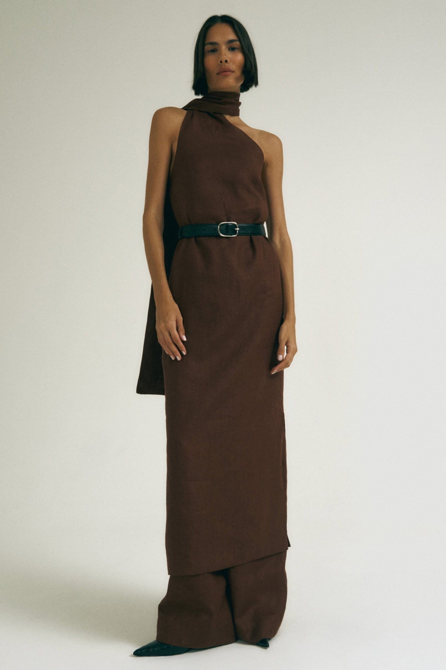 Vestido Cachecol Marrom- 100% Linho