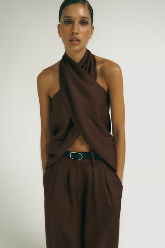 Blusa Transpassada Marrom - 100% Linho